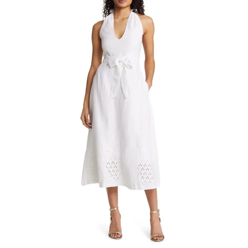 Tommy Bahama Pineapple Embroidered Halter Linen Midi Dress Sz 4, White | NEW$188 - Picture 6 of 6